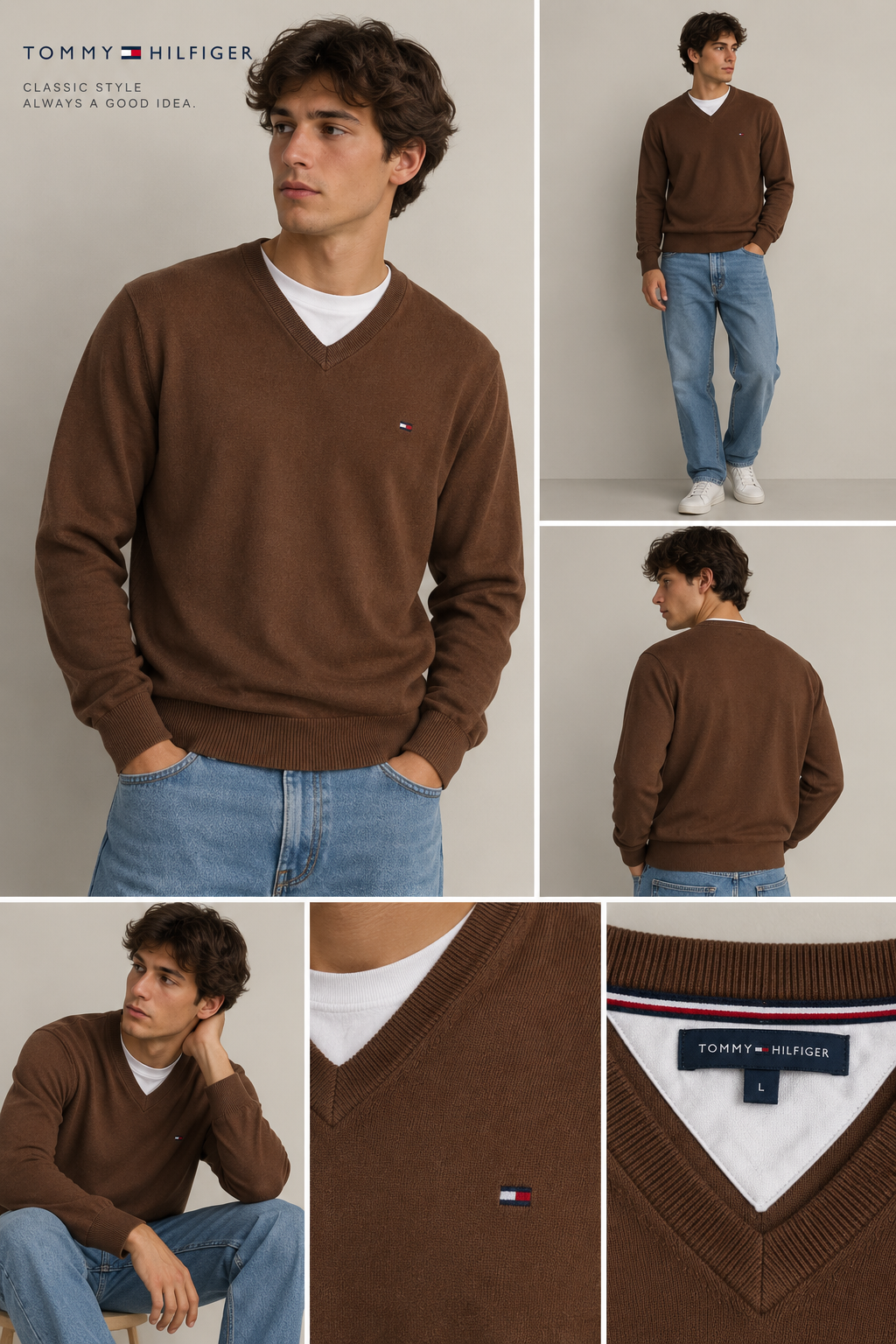 Maglione Tommy Hilfiger Uomo L marrone con scollo a v
