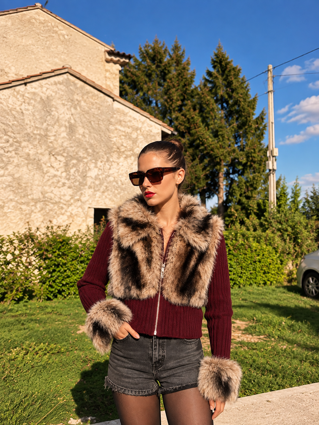 Giacca Donna M/L Bordeaux Pelliccia Ecologica